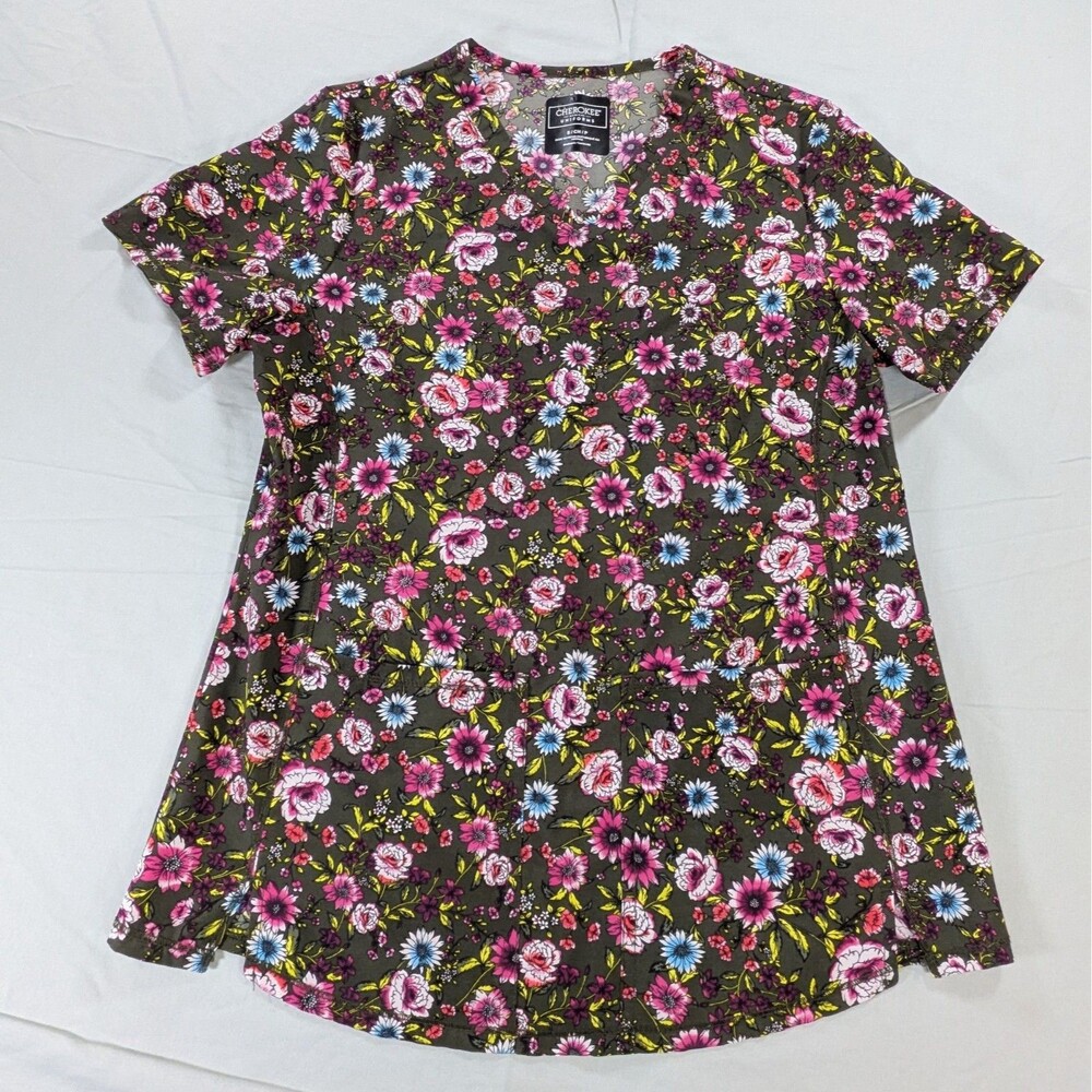 Cherokee Scrub Top  Women’s Small Green Floral Vneck